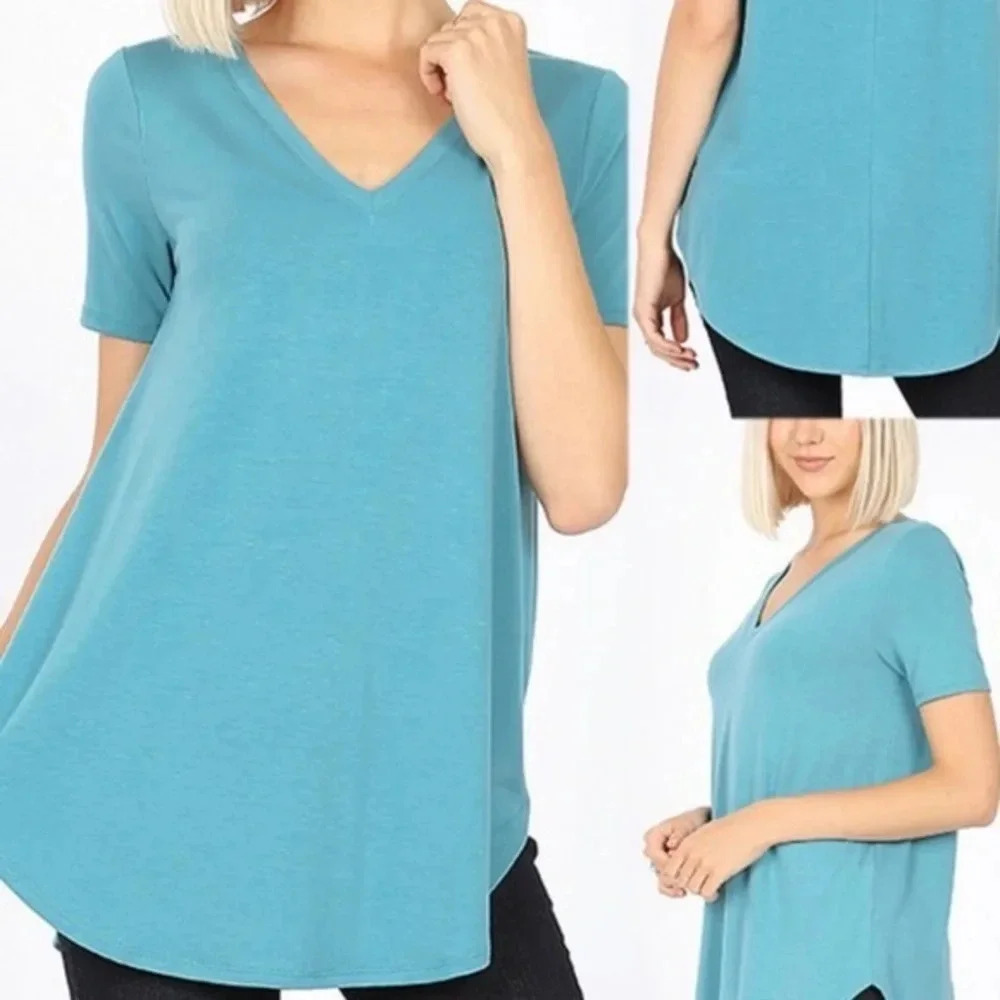 NWT Zenana premium Boutique relaxed vneck top knit tunic layer dusty blue